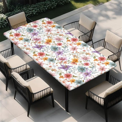 Rectangle Table Cloth Cover Waterproof Elastic Fitted Polyester Fitted Tablecloths for 6 Foot Tables for Indoor,Picnic, Camping, Outdoor （60" x 30"，Flower）