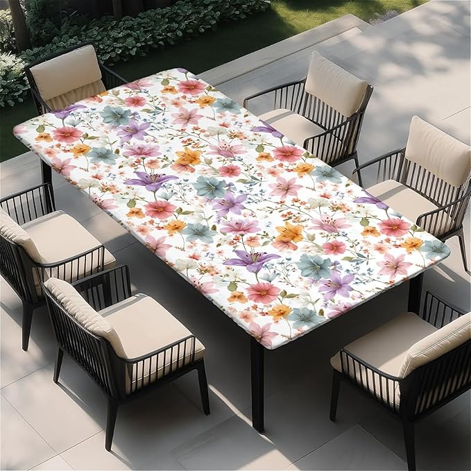 Rectangle Table Cloth Cover Waterproof Elastic Fitted Polyester Fitted Tablecloths for 4 Foot Tables for Indoor,Picnic, Camping, Outdoor （48" x 24"，Flower）