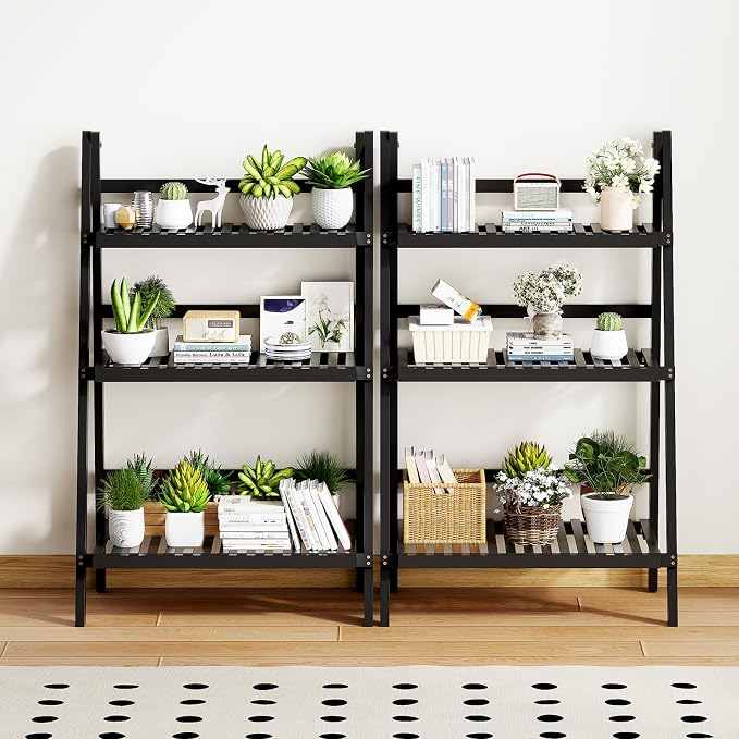 oakvivo 39.4" Foldable Plant Shelf Ladder Shelf, 3 Tier Bamboo Ladder Flower - Image 9
