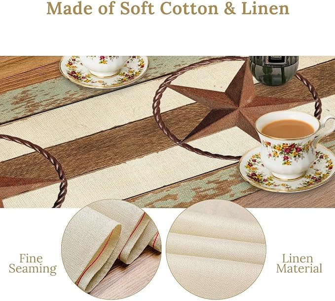 Texas Western Star Table Runner, Farmhouse Cowboy Country Barn Star Table Runners for Home Living Room Holiday Dinner Scarf Decor, 13x120inch