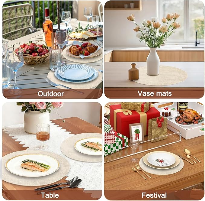 Round Faux Leather Placemats and Coasters, Set of 4, Reversible Heat Resistant Non-Slip Table Mats, Waterproof Wipeable Place Mats for Dining Table, Washable for Indoor & Outdoor (4, Beige)