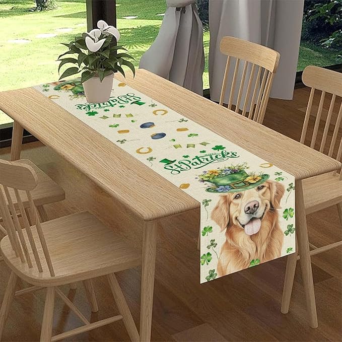 St.Patrick's Day Table Runner,Sharmrock Dog Hat Golden Retriever Beige Rustic Table Center Decor for Home Kitchen Dining Patio Holiday Party Indoor Table Decorations, 13"x72"