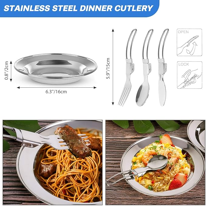 Odoland 15pcs Camping Cookware Mess Kit, Non-Stick Lightweight Pot Pan Kettle Set with Stainless Steel Cups Plates Forks Knives Spoons for Camping, Backpacking, Outdoor Cooking and Picnic