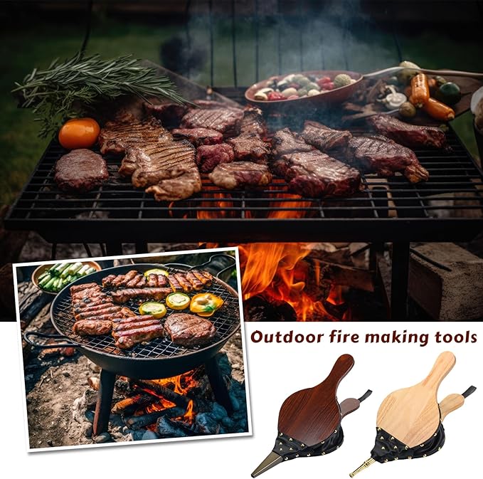 Barydat 2 Pcs Fireplace Bellows Hand Large Wood Air Blower Cast Nozzle Outdoor Bellows for Fire Pit Fire Blower with Strap Garden Home BBQ Camping Chimney Grill Tools Cooking Barbecue Accessories