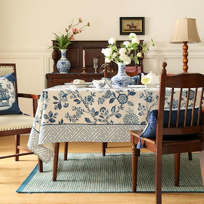 Vintage Blue and White Small Rectangle Tablecloth,French Linen Floral Wrinkle Free Tablecloths,Decorative Table Cover for Kitchen,Dining,Party,Thanksgiving,Christmas,55"*71"-Suqing