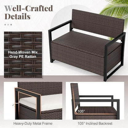 RELAX4LIFE Wicker Rattan Outdoor Storage Loveseat Bench Mix Brown Off White | - Image 7
