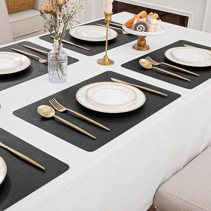 SHACOS Placemats Set of 6 Faux Leather Waterproof Leakproof Wipeable PU Non-Slip Vinyl Place Mats Heat Resistant Table Mats for Kitchen Dining Table Indoor Outdoor, Black