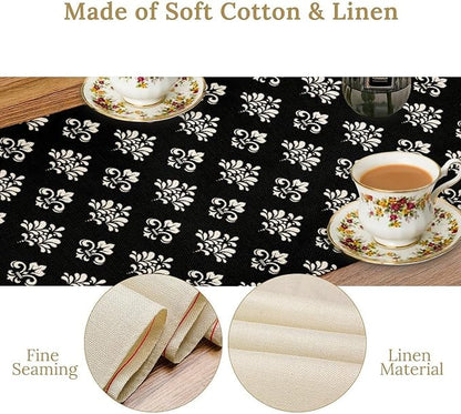 Damask Table Runner, Antique Gothic Black Floral Boho Flower Pattern Rustic Vintage Retro Coffee Table Center Decor for Kitchen and Dining Outdoor Home Country Party Table Decorations, 13"x36"