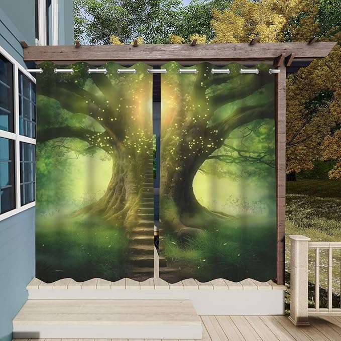 Fantasy Theme Outdoor Curtains for Patio Waterproof,Forest Pattern,Weatherproof Outside Curtain for Cabana, Porch, Pergola and Gazebo,Set of 2 Panels,W42 x L84,Green