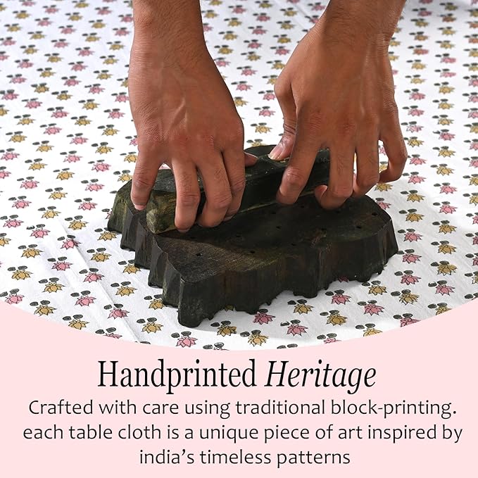 CPC Rosette Bloom Tablecloth 100% Cotton 72x160 Inch Indian Block Print Rectangle Table Cover, Table Cloth for Gifting in Weddings, Halloween, Fall, Christmas, Thanksgiving