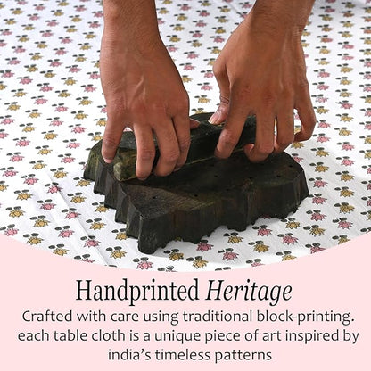 CPC Rosette Bloom Tablecloth 100% Cotton 70x108 Inch Indian Block Print Rectangle Table Cover, Table Cloth for Gifting in Weddings, Halloween, Fall, Christmas, Thanksgiving