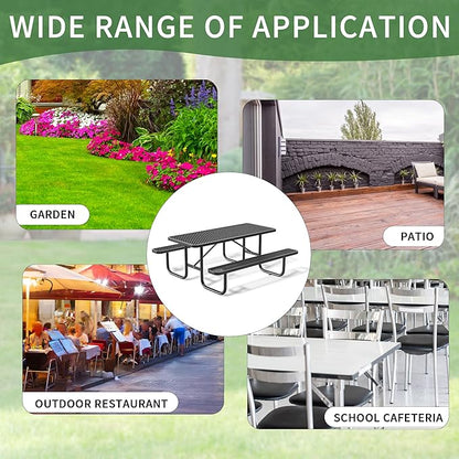6FT Rectangular Metal Picnic Table for Outdoors, Commercial Steel Metal Picnic Tables, Heavy Duty Sturdy Picnic Tables Furniture Set for Patio Garden Courtyard BBQ, with Umbrella Hole, Black