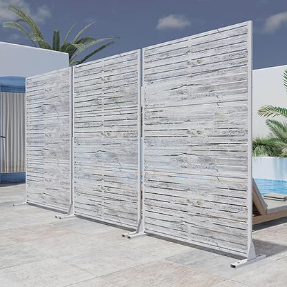 Casaphoria 72" H x 47" W Metal Outdoor Privacy Screen, Freestanding Decorative Divider for Patio, Deck, Balcony, and Garden with Stable Base, White-Veneer