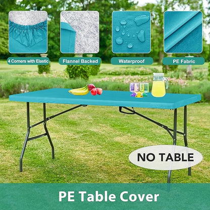 LUSHVIDA 6 Packs Vinyl Tablecloths with Flannel Backing for 4ft Rectangle Folding Table Cloths - Waterproof Plastic Picnic Table Covers with Elastic Corners, 30x48 inch, Teal