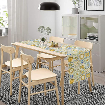 Yellow Lemon Summer Table Runner, Watercolor Spring Yellow and Blue Flower Hawaiian Style Table Runner for Holiday Party Home Kitchen Dining Table, 13x90inch