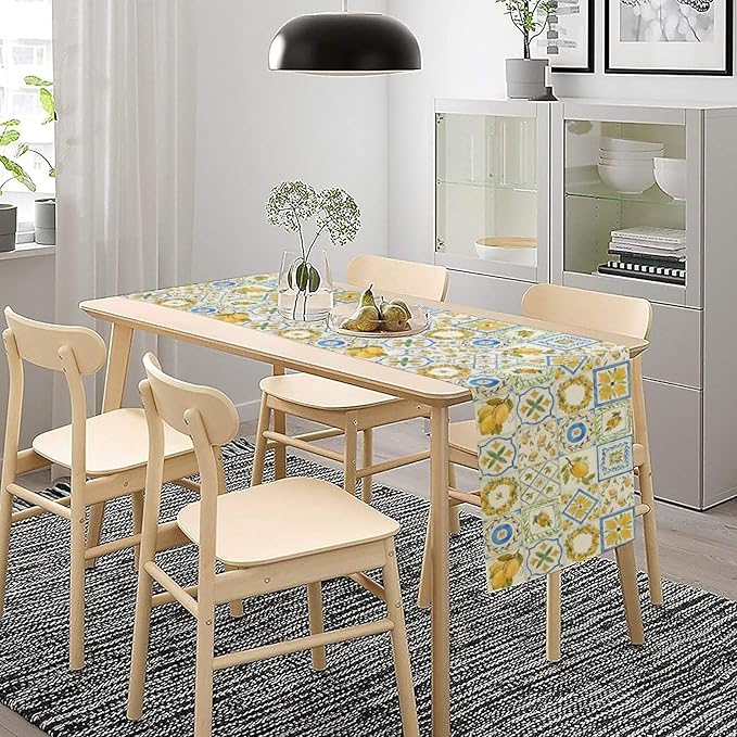 Yellow Lemon Summer Table Runner, Watercolor Spring Yellow and Blue Flower Hawaiian Style Table Runner for Holiday Party Home Kitchen Dining Table, 13x60inch