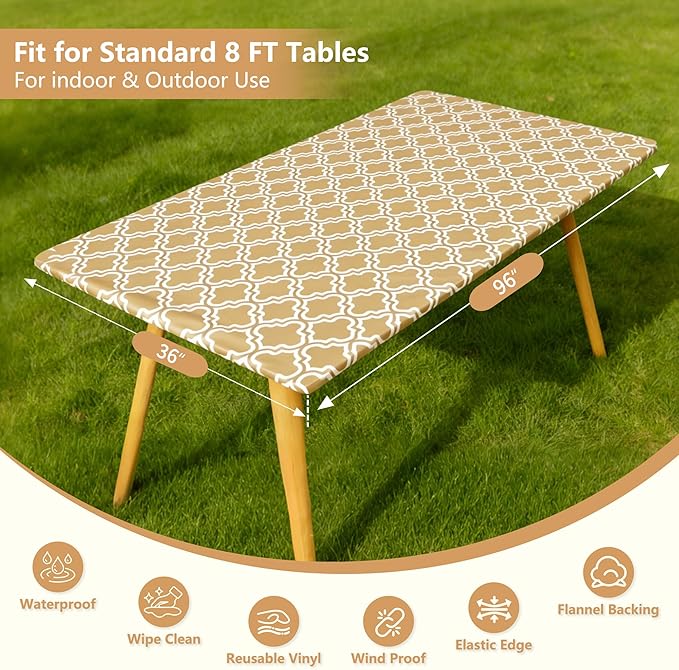 Rectangle Picnic Table Cloth, Elastic Waterproof Fitted Vinyl Tablecloths for 8 Foot Tables, Wipeable Flannel Backed Table Covers for Dining, Camping, Outdoor(Khaki,36"x96")