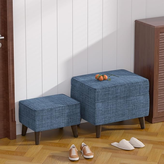 Storage Ottomans with Adjustable Cover, BOGO, Soft Step Stool, Footrest and Seat, Ottoman Foot Rest Set for Living Room, Bedroom, Dorm, Blue