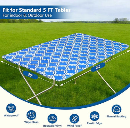 Rectangle Picnic Table Cloth, Elastic Waterproof Fitted Vinyl Tablecloths for 5 Foot Tables, Wipeable Flannel Backed Table Covers for Dining, Camping, Outdoor(Blue,30"x60")