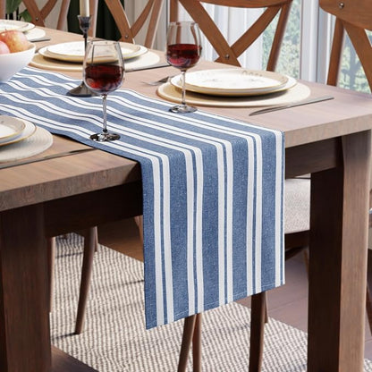 Encasa XO Cotton Dining Table Runner | Franca Blue Stripes | Size 13x59 in - Machine Washable & Durable