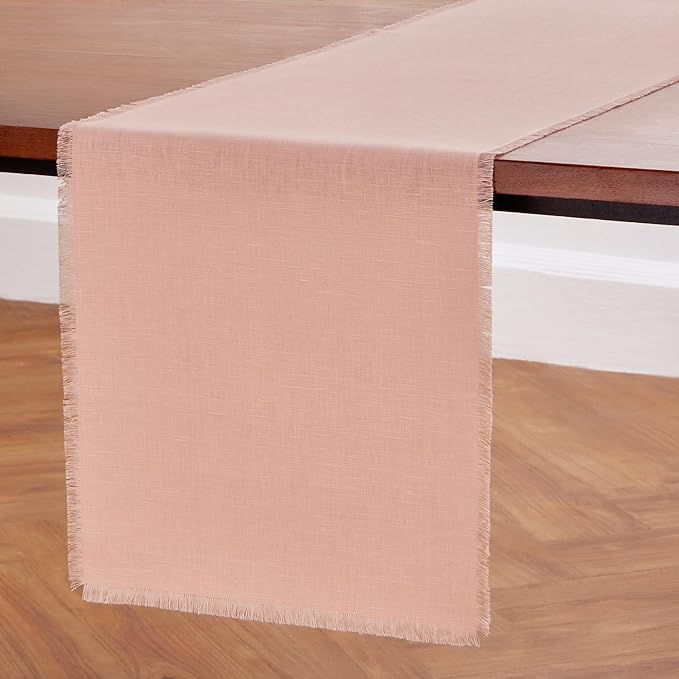 Solino Home Linen Misty Pink Table Runner 72 Inches Long - Fringe, 100% Pure Linen Dining Table Runner 14 x 72 Inch for Valentines, Spring, Easter