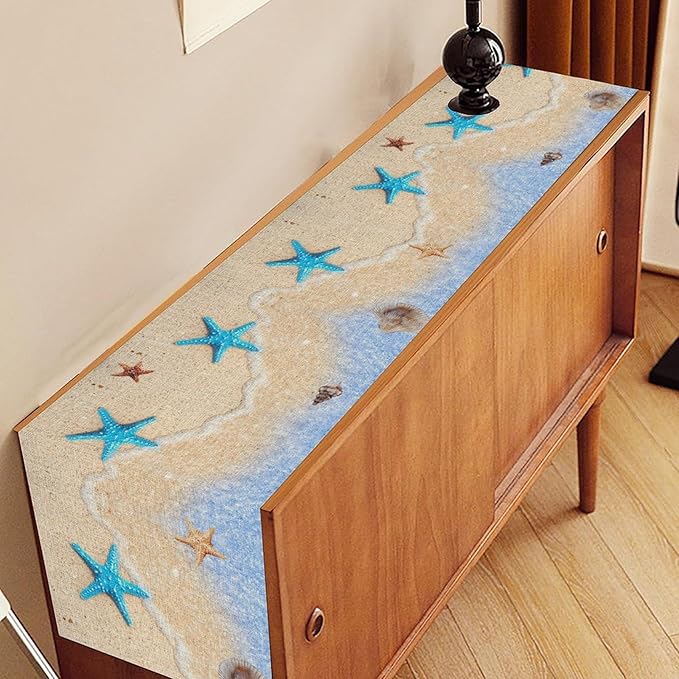 Summer Beach Table Runner, Nautical Starfish Coastal Seashell Ocean Blue Sea Seasonal Coffee Table Center Decor for Home Kitchen Dining Patio Holiday Party Table Decorations 13"x72"