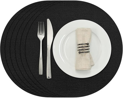 Myir JUN Round Placemats, Dual Sided Faux Leather Place Mats Set of 6 Indoor/Outdoor Non-Slip Washable Table Mats (Black, 6 Pack)