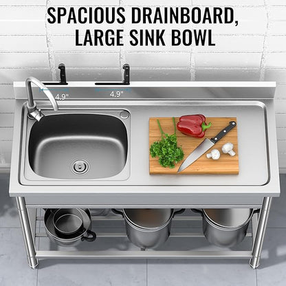 Stainless Steel Sink, Free Standing Kitchen Sink with Countertop Workstation, Utility Sink Single Bowl with Cold and Hot Water Pipe for Kitch Laundry Room Garage Farmhouse Indoor Outdoor (39 Inch L)