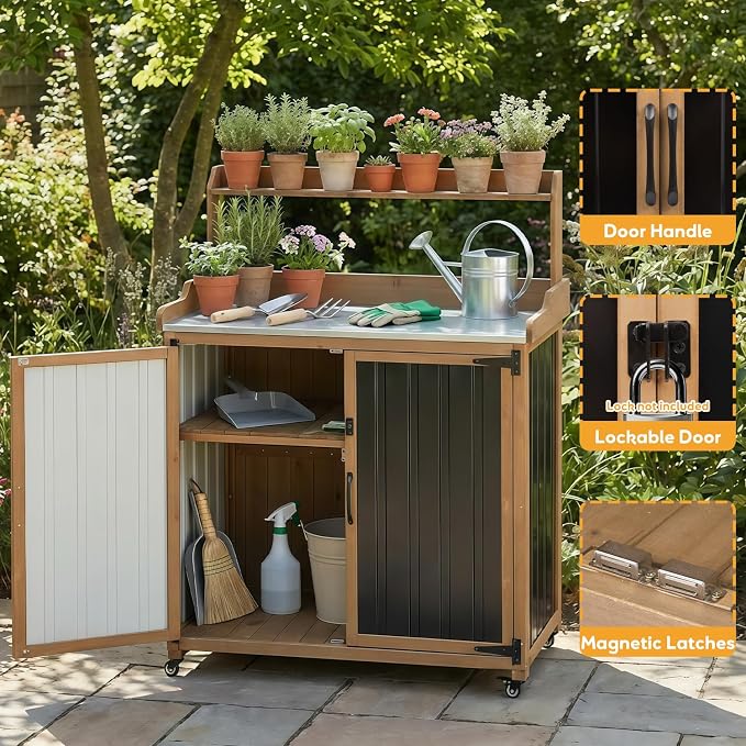Potting Bench with Storage & Wheels, Mobile Outdoor Cabinet - Image 7