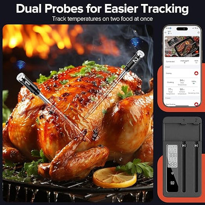 Smart Wireless Meat Thermometer with Dual Probes - Advanced Bluetooth Cooking Thermometer for Perfect Grilling, Smoking, Oven Roasting & Air Frying, Long Range Monitoring & Smart Alerts