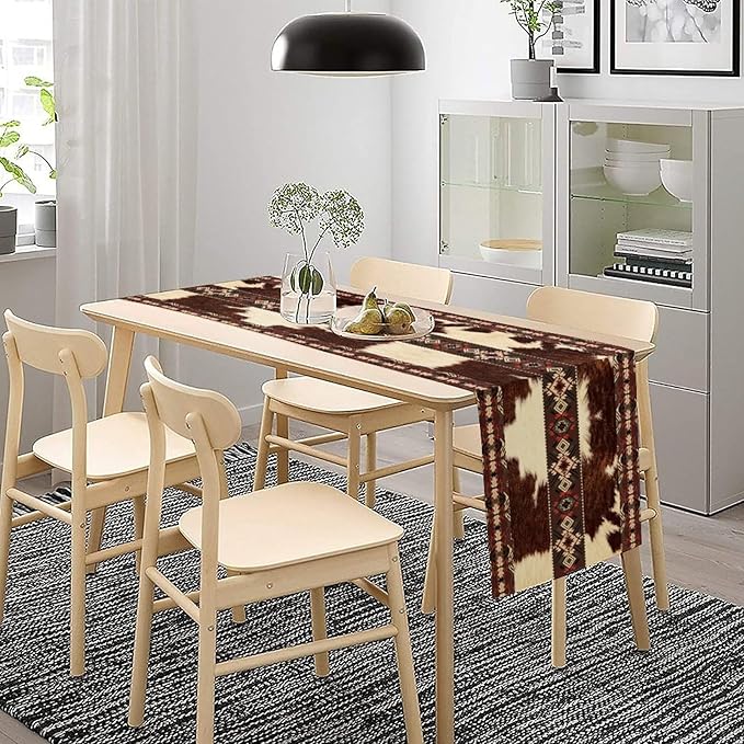 Cowhide Table Runner, Brown Cow Western Exotic Aztec Wild Animals Skin Table Runner for Kitchen Farmhouse Dining Home Outdoor Party 13x120in