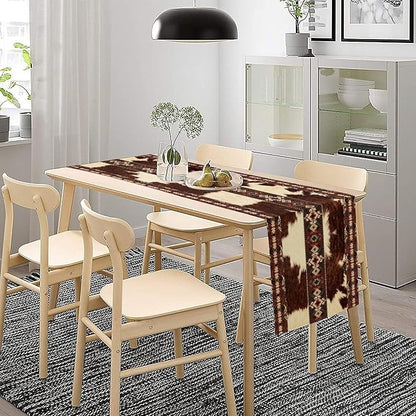 Cowhide Table Runner, Brown Cow Western Exotic Aztec Wild Animals Skin Table Runner for Kitchen Farmhouse Dining Home Outdoor Party 13x108in
