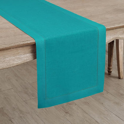 Solino Home Linen Table Runner 120 Inches Long - 100% Pure Linen Teal Table Runner 14 x 120 Inch - Classic Hemstitch