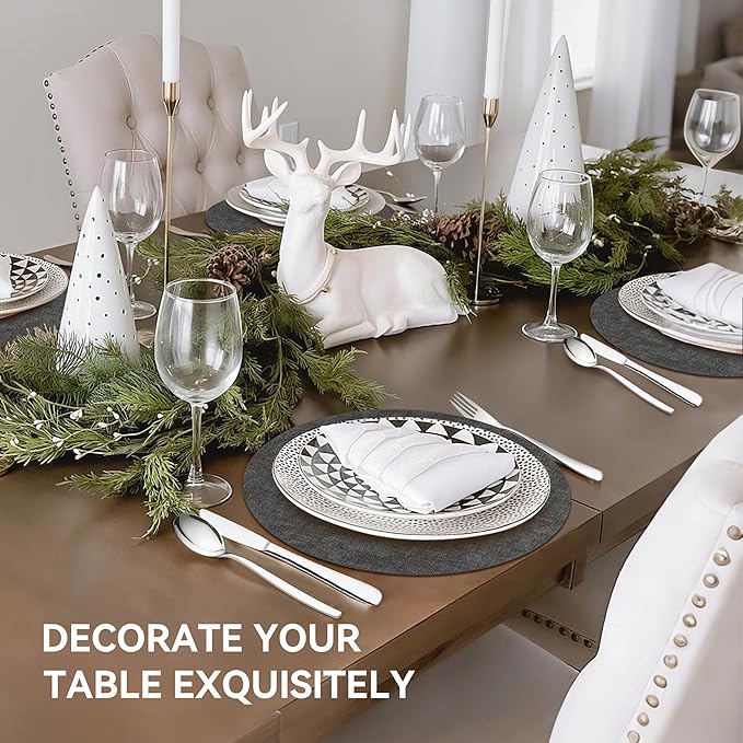 13"Round Placemats Set of 4, Reversible Faux Leather Heat Resistant Table Mats, 100% Waterproof Oilproof Wipeable Table Protective Placemats for Vinyl, Washable for Indoor & Outdoor Use (4, Deep Gray)