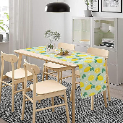 Spring Lemon Table Runner, Summer Seasonal Green Leaves Flowers Yellow Fruit Print Table Runner for Farmhouse Kitchen Dining Table Home Party Decor 13x70in