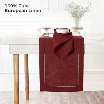 D'Moksha Homes Linen Dark Red Table Runner 84 Inches Long - 100% Pure Linen Table Runner 14 x 84 Inch for Valentines, Spring - Classic Hemstitch