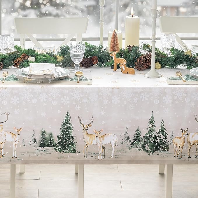 Maison d' Hermine Table Cloth Rectangle Table 100% Cotton 70 x 90 Inches Fall Tablecloth Reusable Everyday Use for Thanksgiving Christmas Decorations Dining Farmhouse Party (Deer in The Woods)