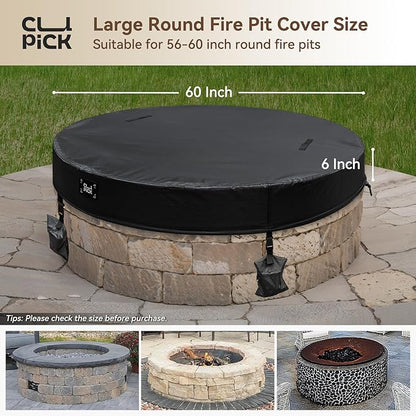 Outdoor Fire Pit Cover Round,In Ground Fire Pit Cover with Sandbag,Heavy Duty Waterproof Firepit Cover,Suitable for 56-60 Inch Round Built in Stone Firepits,Black