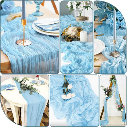 20 Packs Cheesecloth Table Runner 10FT Long Boho Gauze Fabric Table Runner Vintage Rustic Sheer Runners for Wedding Party Bridal Baby Shower Table Decorations (Light Blue )