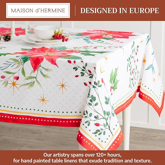 Maison d' Hermine Table Cloth Rectangle Table 100% Cotton 70 x 90 Inches Fall Tablecloth Reusable Everyday Use for Thanksgiving Christmas Decorations Dining Farmhouse Party (Poinsettia Christmas)