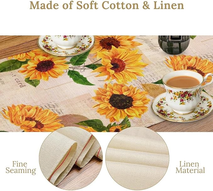 Sunflower Table Runner, Rustic Old Paper Seasonal Table Runner Farmhouse Kitchen Home Party Dining Room 13x70in