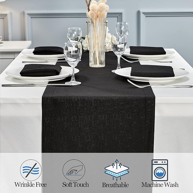 Mebakuk Linen Farmhouse Table Runner Large Burlap Style Soft and Waterproof Decorative Fabric Runner for Outdoor Wedding and Dinner (14 x 48 Inch, Black)