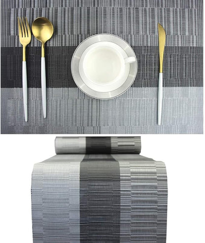 PIGCHCY Elegant Placemats with Matching Table Runner,Washable Durable Vinyl Woven Table Mats Sets(6pcs Placemats+1pcs Table Runner, Black)