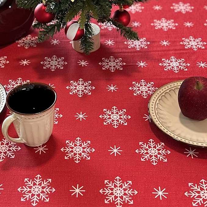 Christmas Red Tablecloth, Rectangle Table Cloh with Snowflake Decorations, Spillproof Cotton Linen Fabric Table Cover for Holiday, Winter, Party - 60''x84''