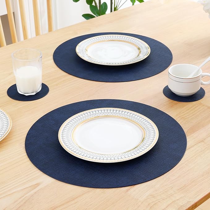 Homaxy Round Faux Leather Placemats and Coasters, Washable Dual-Side Table Mats, Wipeable Heat-Resistant Dining Place Mats for Outdoor and Indoor, Set of 8, Diameter 13 and 3.93 inch, Navy Blue