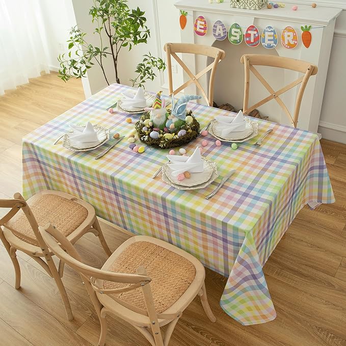 Waterproof Colorful Chequer Tablecloth Fabric - Spring Oblong 52x70 Inch Classic Buffalo Tartan Festive Table Cloth for Indoor Use - Easter Sunday for Dinner, BBQs, and Parties