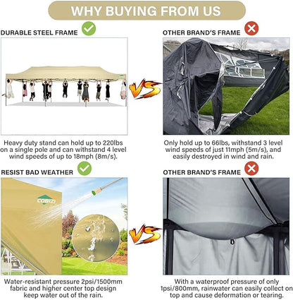 COBIZI 10x30 Pop up Canopy Tent 10x30 Canopy with 8 Sidewalls Waterproof Heavy Duty Commercial Canopy Tent for Parties Outdoor Garden Gazebo, Carry Bag with Wheel(10x30ft,Khaki)