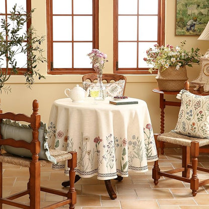 ISAENNE Designer Off White Linen Round Tablecloth,Floral Elegant Table Cloth,Stain Resistant Vintage Decor Tablecloths for Dining Thanksgiving Kitchen Christmas,Diameter 67"-Serenity G