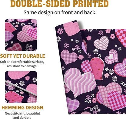 Pink Love Hearts Valentine's Day Placemats Set of 4 Seasonal Valentines Anniversary Wedding Linen Table Mats Pink Black Washable Place Mats for Party Kitchen Dining Outdoor Indoor Decor 12x18 Inch