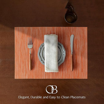 Placemats Set of 6 - Easy Clean Woven Vinyl Placemats for Dining Table, Indoor/Outdoor Place Mats, Washable PVC Table Mats （Orange）